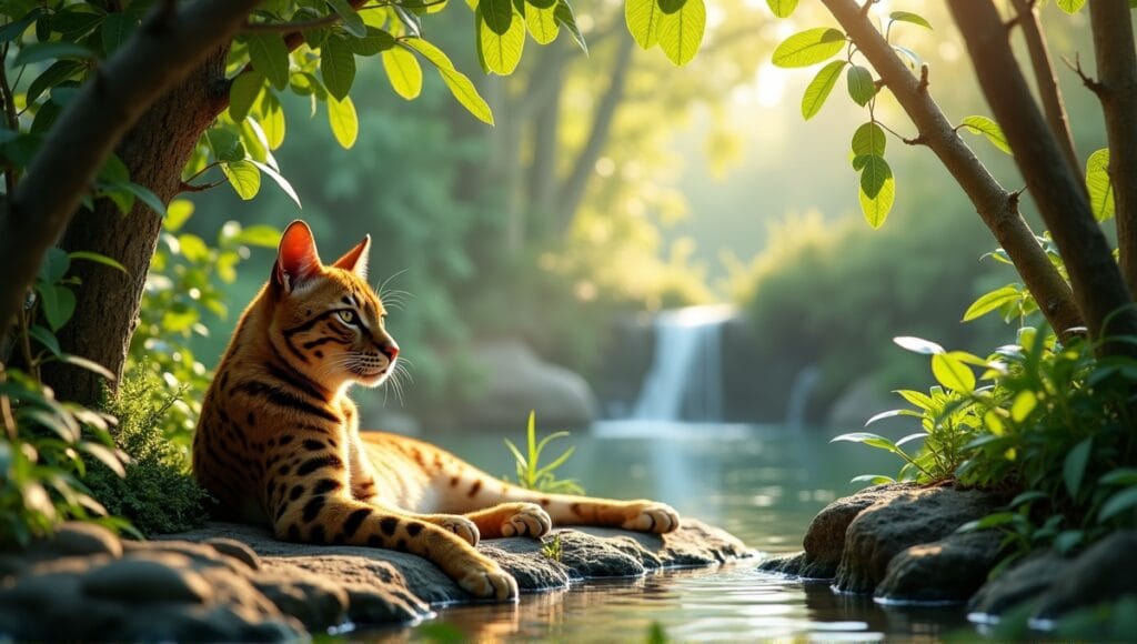 Majestic exotic cat lounging in a lush habitat with vibrant vegetation and flowing water.