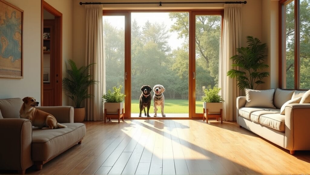 Spacious apartment interior designed for big dogs with durable flooring and sunny dog bed.