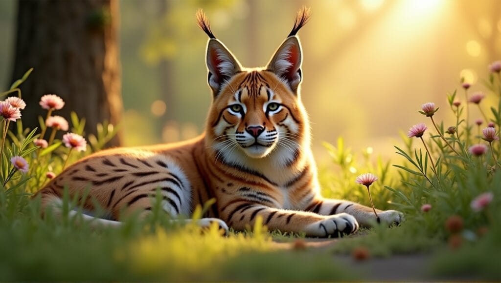 Bobcat hybrid lounging in a serene outdoor setting with lush greenery and wildflowers.