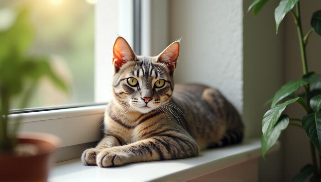 Sleek short-haired cat lounging on a windowsill in a relaxed indoor setting.