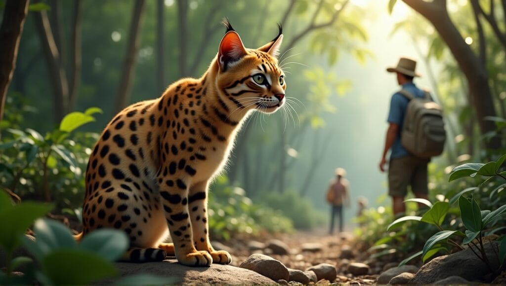 Ocelot resting in lush rainforest, showcasing distinct rosettes amidst dappled sunlight and greenery.
