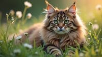 Norwegian Forest Cat with thick fur and green eyes, playfully posed in nature.