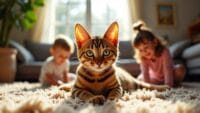 Playful Toyger cat with orange and black stripes lounging with children in a cozy living room.