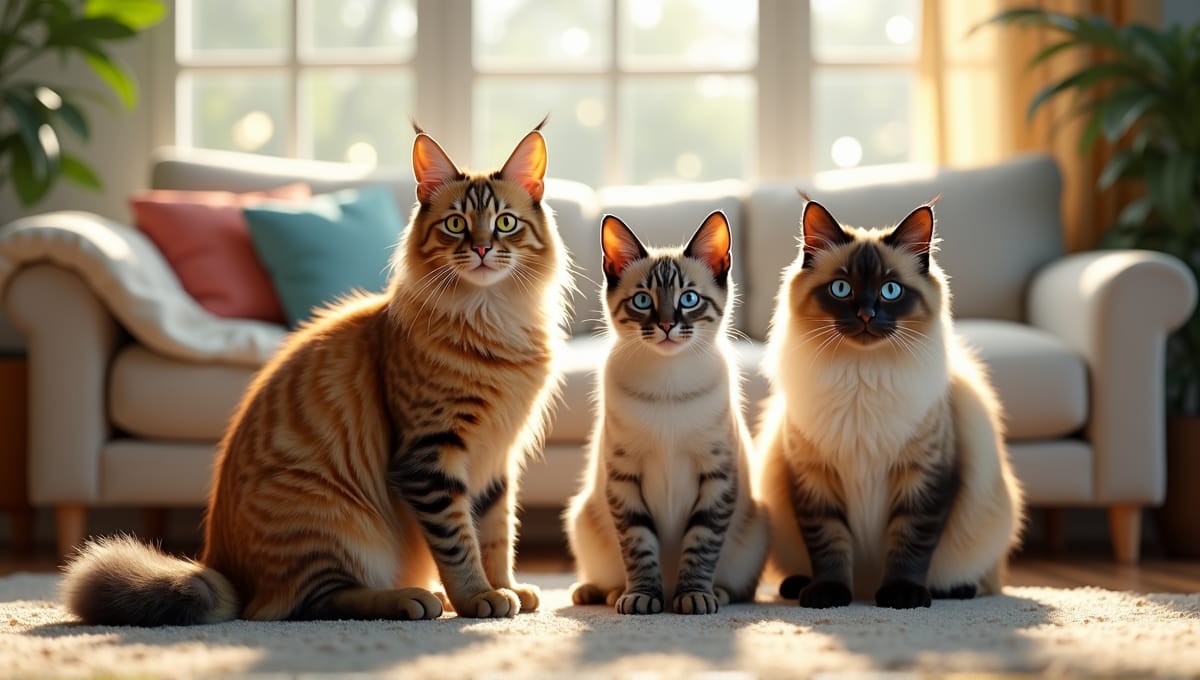 Maine Coon, Savannah, and Ragdoll cats relaxing in a sunny living room.