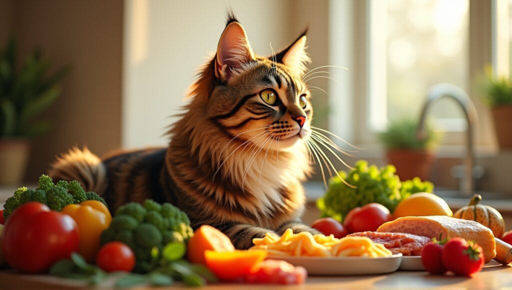 Exotic cat with vibrant fur surrounded by nutritious foods in a kitchen setting.