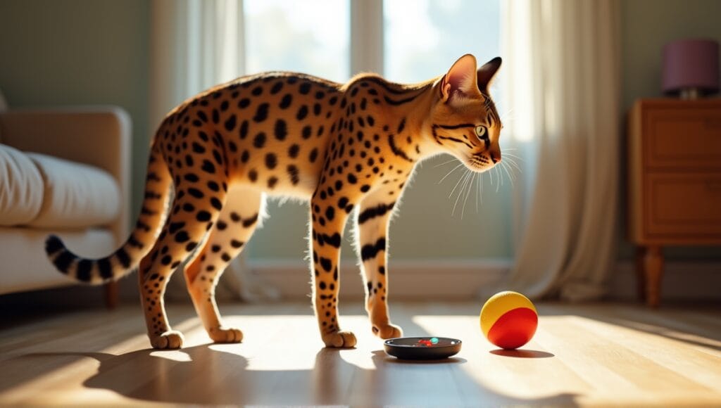 Exotic serval cat training with a colorful target and clicker in sunlit room.