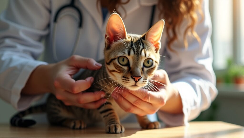 Exotic cat receiving gentle ear cleaning from a veterinarian in a caring setting.