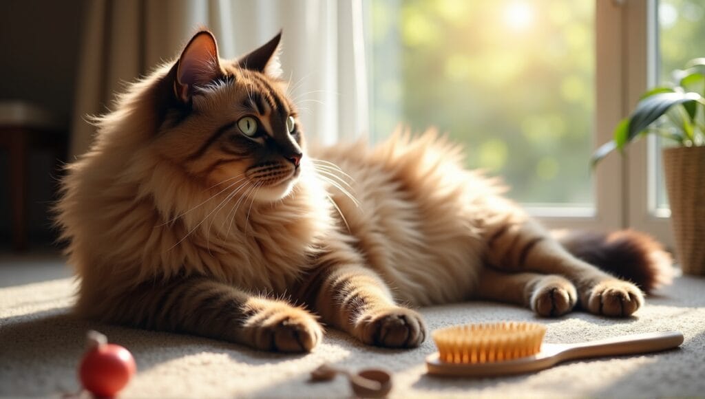 Heavy cat breed lounging in a sunlit living room with grooming tools and toys.