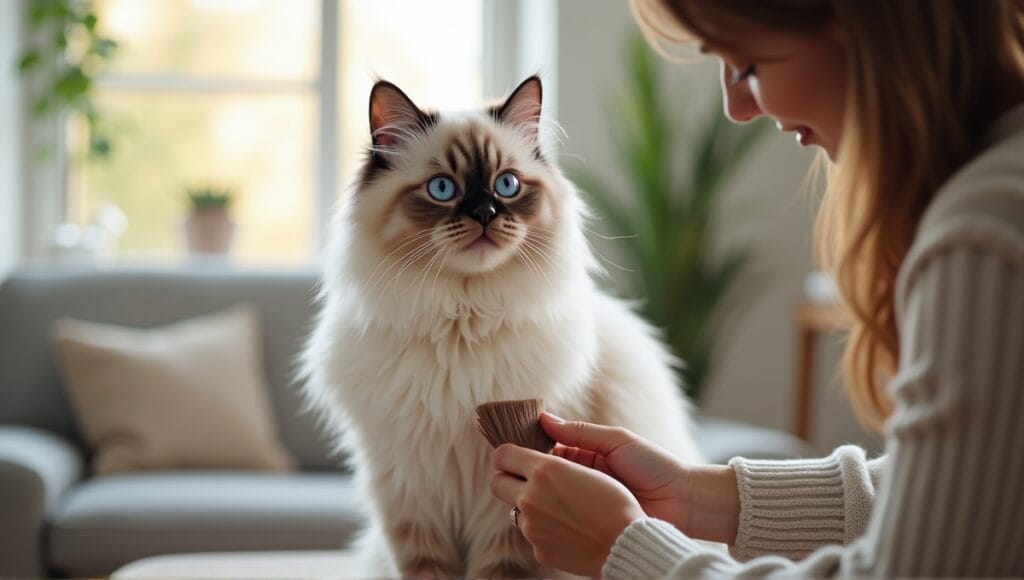 Persian cat with blue eyes being groomed by an owner in a cozy living room.