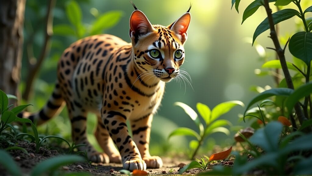 Ocelot poised in lush jungle, showcasing striking coat pattern and keen expression.