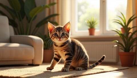 Exotic cat with striking coloration playfully interacting in a sunlit living room.