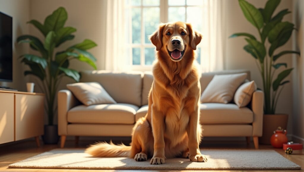 Large golden retriever sitting happily in a modern apartment living room with cozy furnishings.