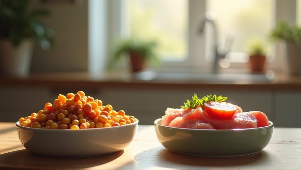 Comparison of colorful commercial cat food and fresh raw ingredients in a cozy kitchen.