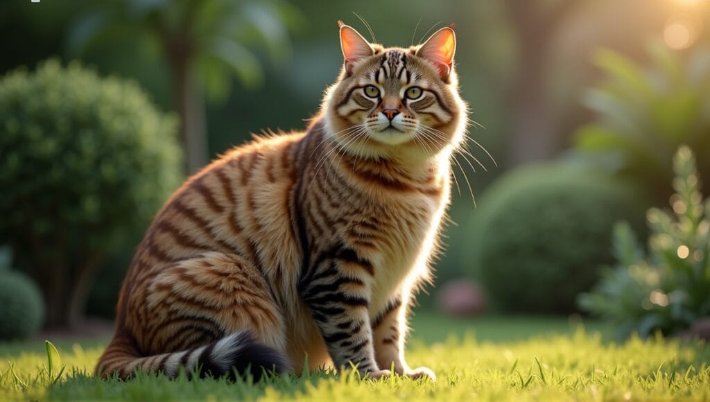 Large domestic cat showcasing impressive size and unique markings in a lush garden setting.