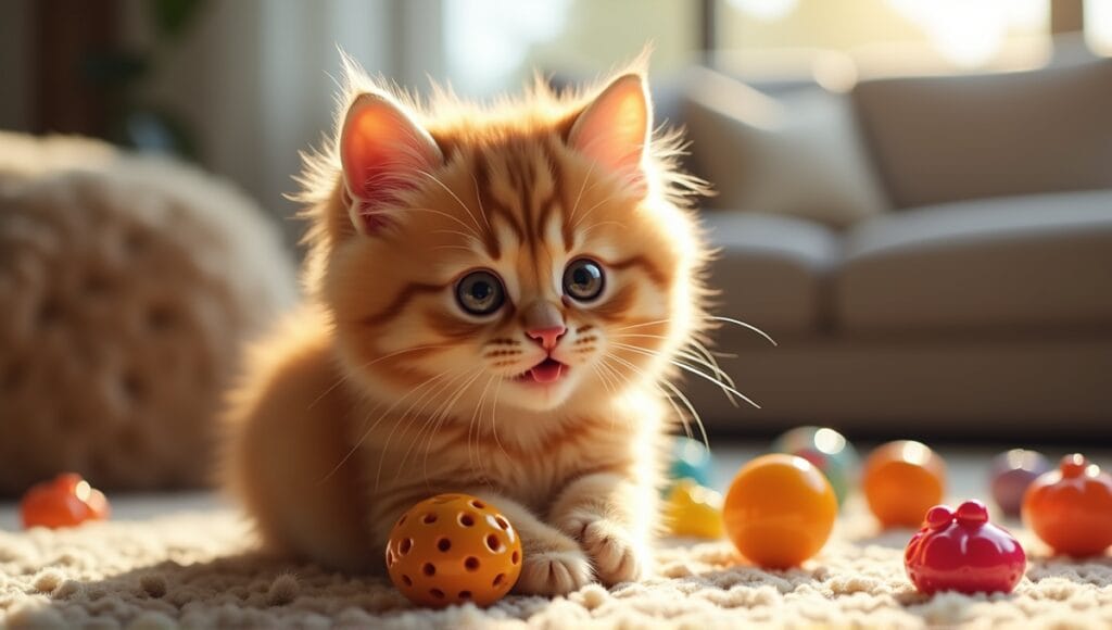 Playful Munchkin cat with vibrant coat engaging with colorful toys in a cozy living room.