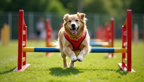 Energetic Golden Retriever in red harness jumps over agility obstacle on sunny training field.