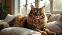 Large Maine Coon cat with tufted ears lounging on a plush cushion in a bright living room.