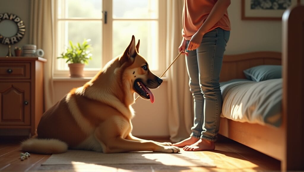 Responsible dog owner cleaning up after their large dog in a tidy apartment.