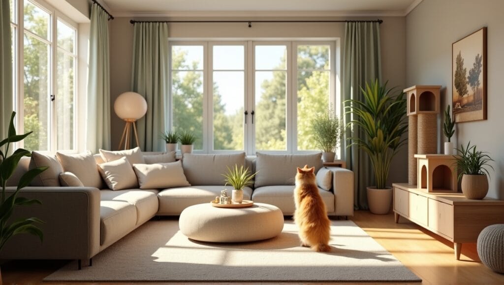 Spacious living room designed for large cats with furniture, cat tree, and plants.