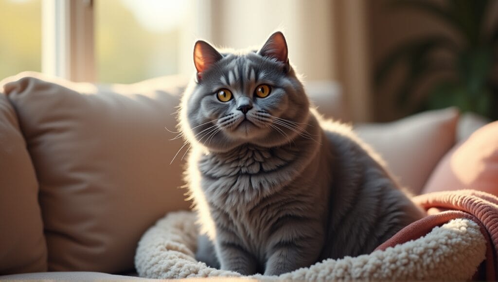 British Shorthair cat with plush coat resting in a cozy living room setting.