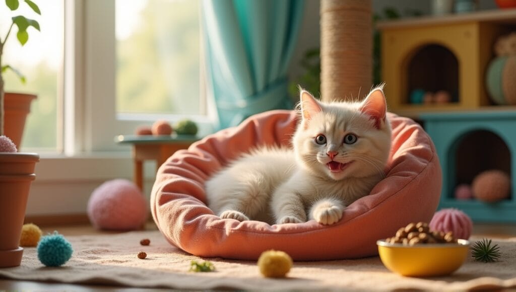 Playful Munchkin cat on a cozy tree surrounded by colorful toys and food bowl.