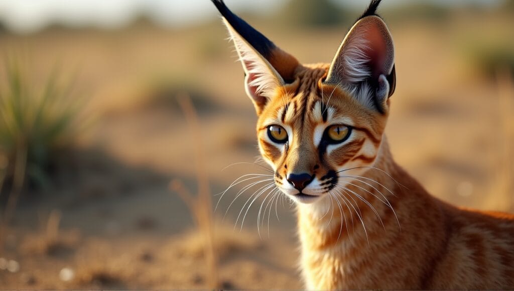 Portrait of a caracal cat with tufted ears and amber eyes in natural habitat.