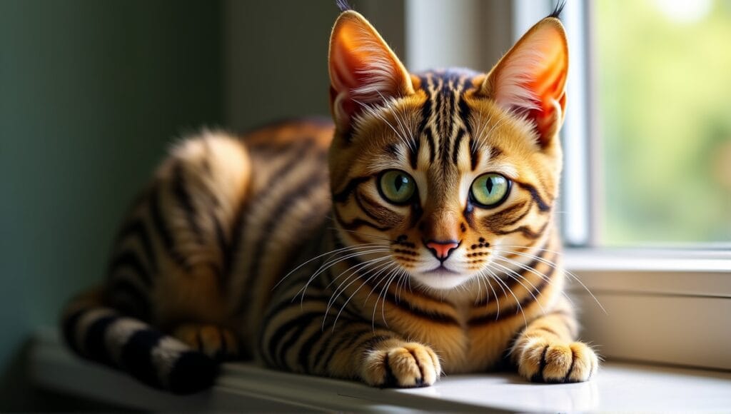 Toyger cat with striped coat, muscular build, and green eyes lounging on windowsill.