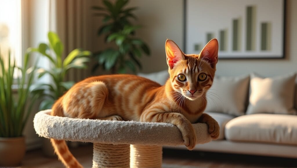 Abyssinian cat with amber eyes relaxing on a stylish cat tree in a modern living room.