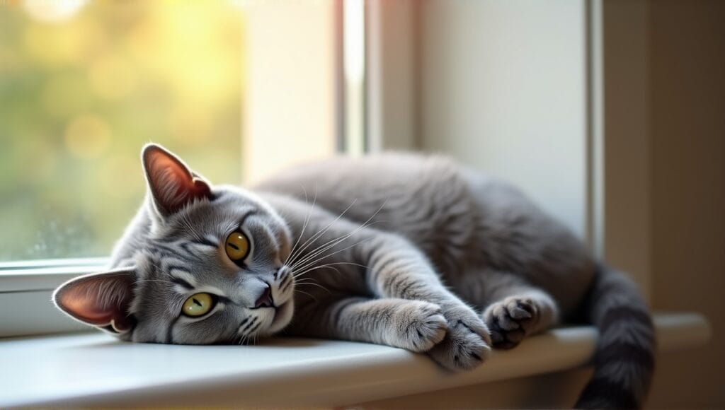 A British Shorthair cat lounging on a sunlit windowsill, exuding calm and contentment.