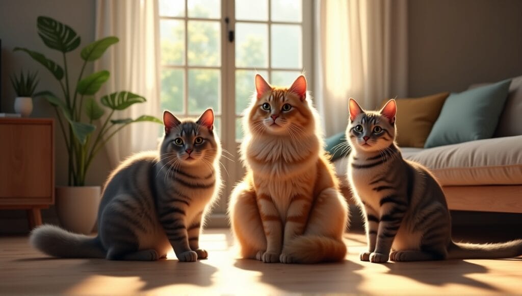 Group of notable heavy cat breeds in a cozy living room, highlighting their unique features.