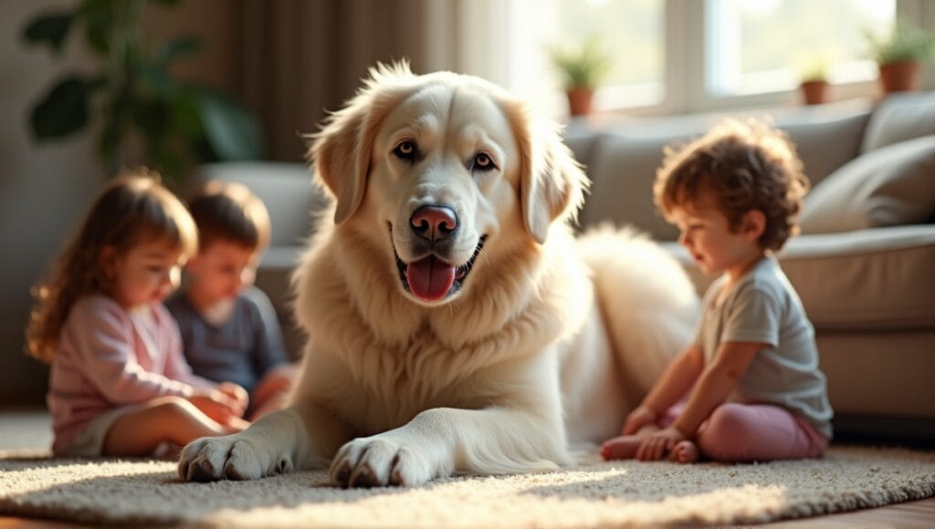 Great Pyrenees dog lying on a soft rug in a family living room with children.