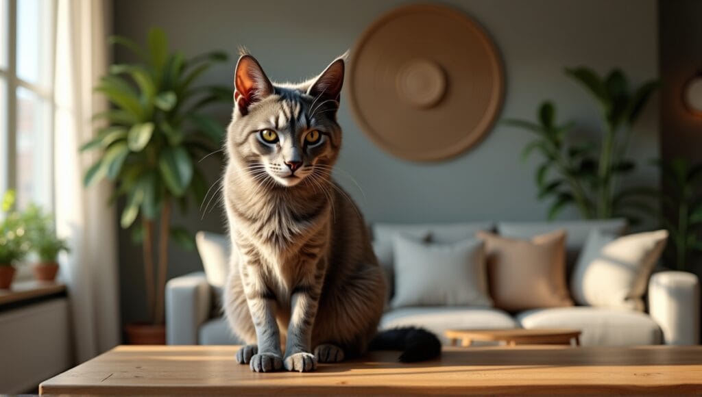 Lykoi cat with wolf-like appearance sitting on a wooden table in a cozy living room.