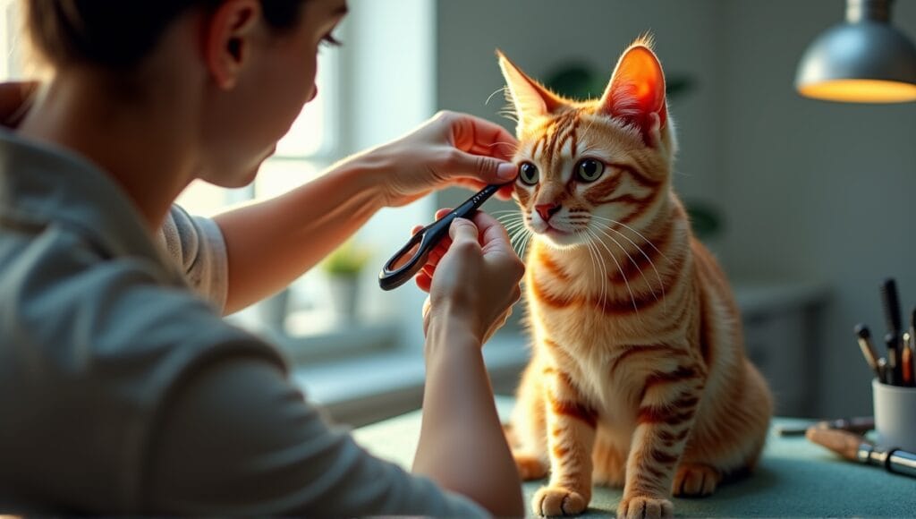 Exotic cat with vibrant fur patterns being gently groomed by a focused groomer.