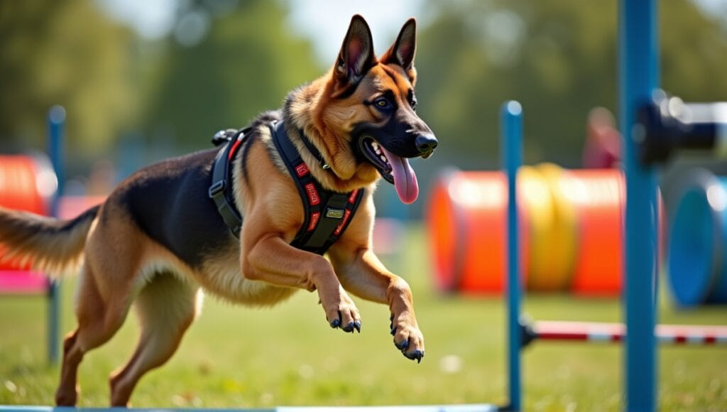 Large German Shepherd dog jumping over hurdle at outdoor agility course, showcasing strength and agility.