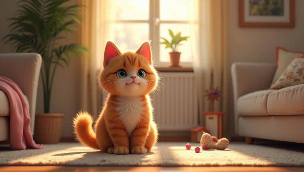 Pixie Bob cat with tufted ears sitting playfully in a cozy living room.