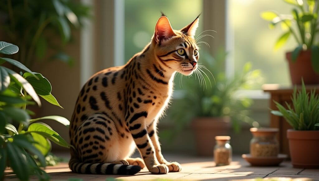 Majestic exotic cat in lush environment, showcasing unique patterns and responsible pet ownership tools.