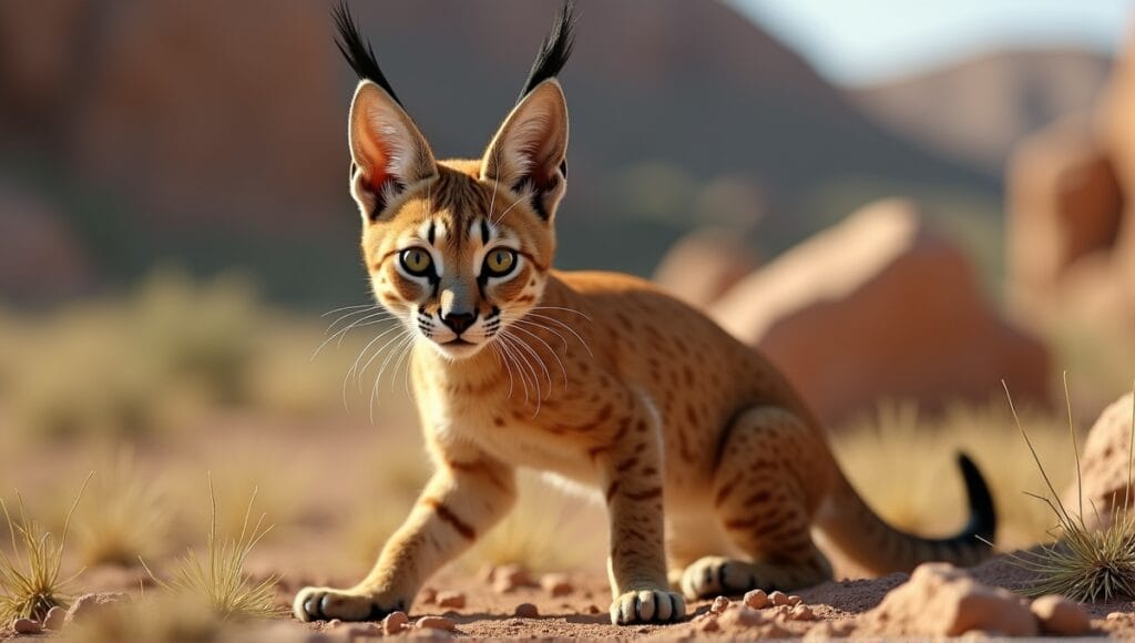 Caracal cat in natural habitat, showcasing sleek build and tufted black ears.