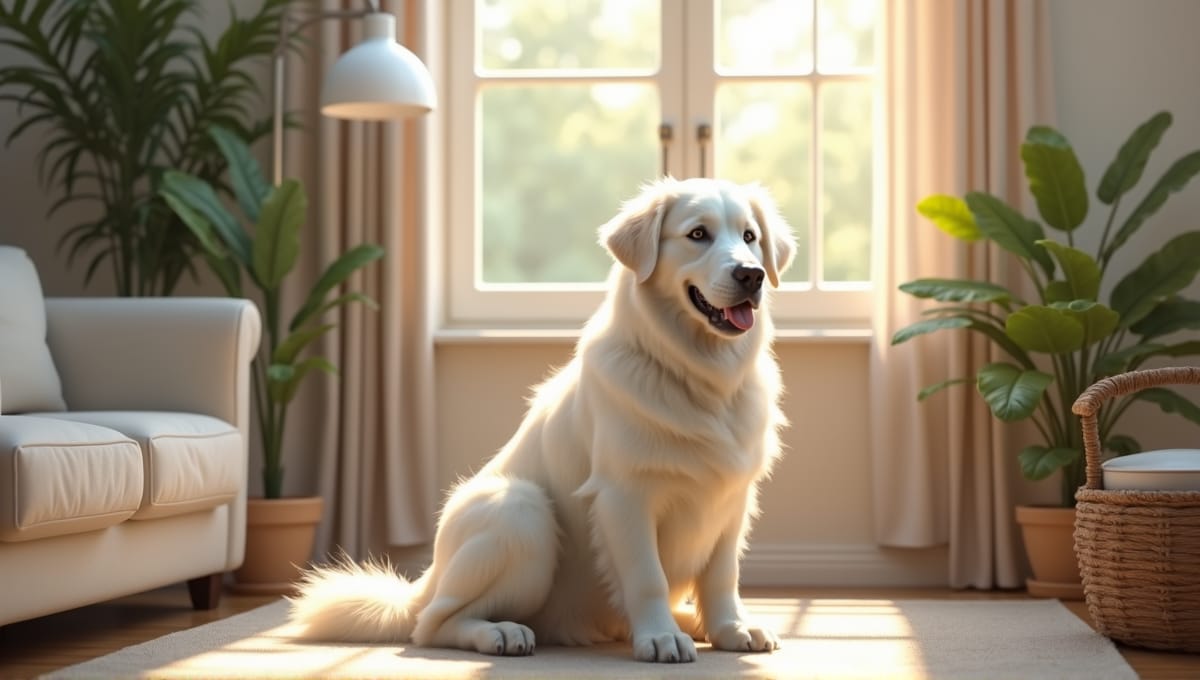 Great Pyrenees dog with fluffy white coat sitting in a sunlit living room.