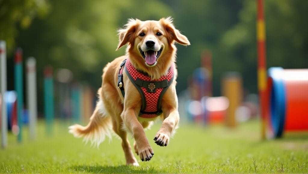 Large golden retriever navigating an agility course with colorful harness in a vibrant park.