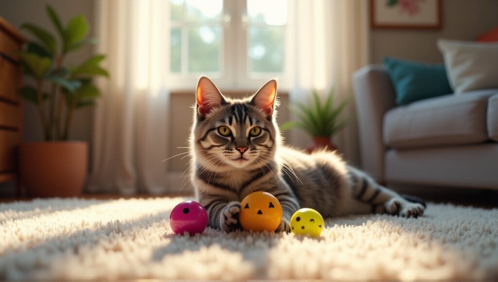 Low-maintenance cat playing with colorful toys in a cozy living room.