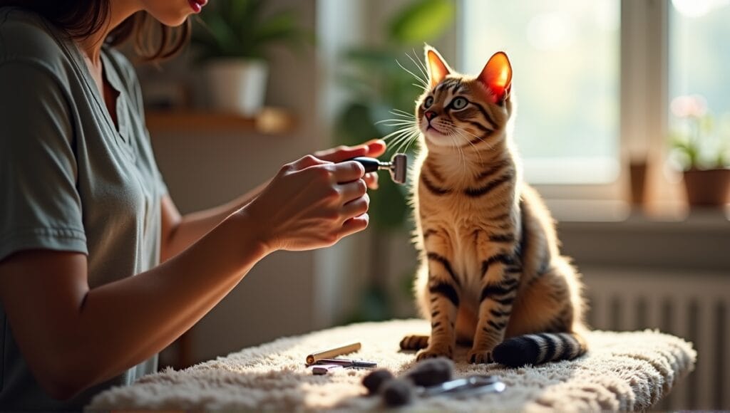 Exotic cat being groomed at home, surrounded by grooming tools in a serene atmosphere.