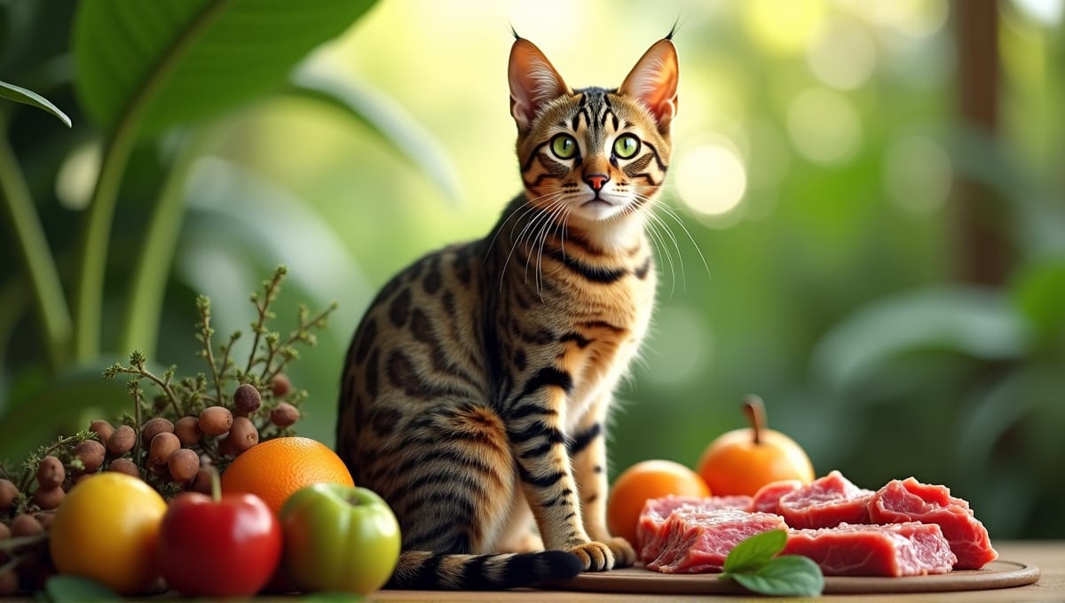 Exotic cat with vibrant fur patterns and curious green eyes among fresh fruits and meats.