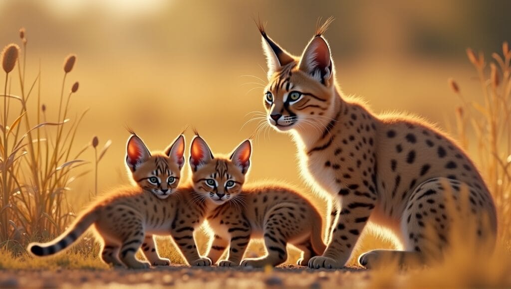 Mother caracal nurturing her playful kittens in a sunlit savanna surrounded by tall grass.