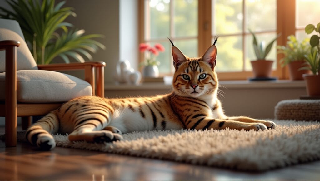 Bobcat hybrid lounging in a cozy living room with care advice notes nearby.