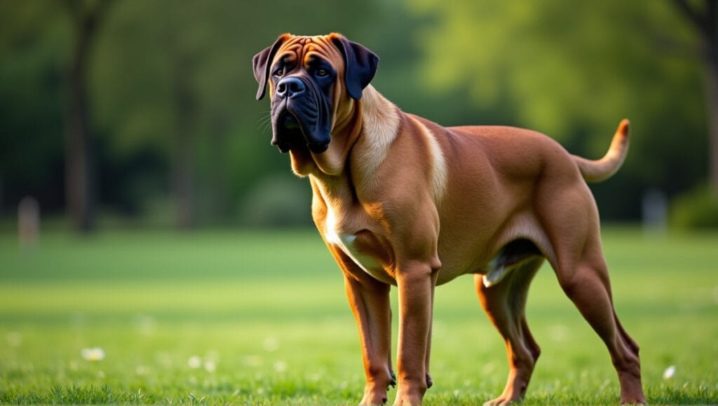 English Mastiff standing proudly in a lush green park, showcasing its brindle coat and gentle demeanor.