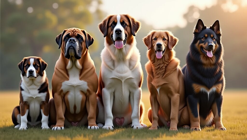 Group of five heavy dog breeds: St. Bernard, Great Dane, Mastiff, Newfoundland, Irish Wolfhound.