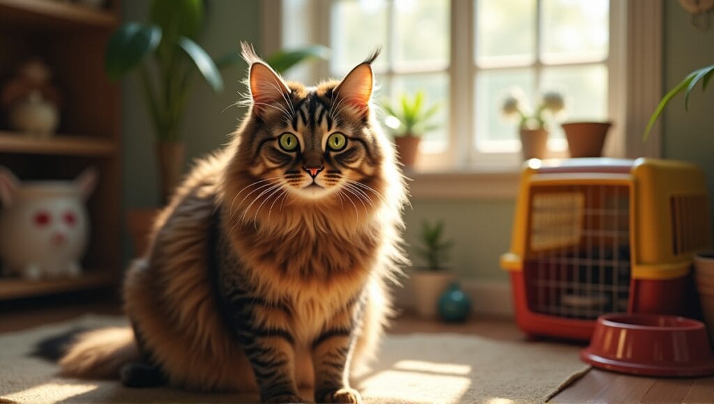 Norwegian Forest Cat with green eyes in a cozy home, surrounded by adoption items.