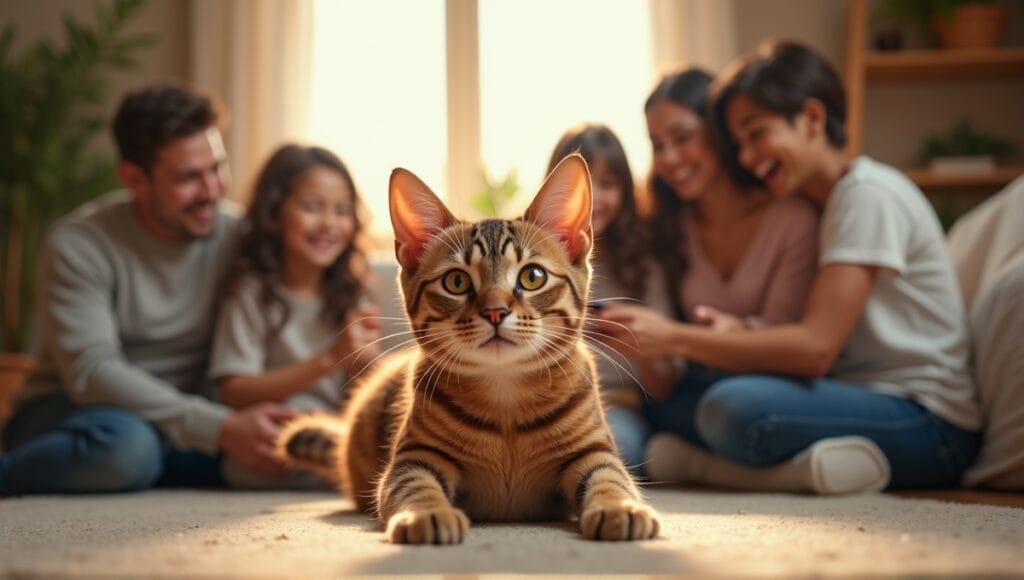 Abyssinian cat with ticking coat playfully interacting with a cheerful family in a cozy living room.