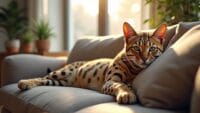 Ocelot relaxing on a plush sofa in a stylish modern living room with plants.