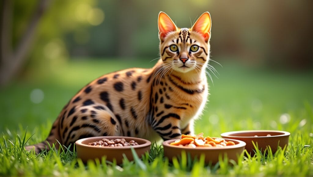 Exotic serval cat on lush grass with bowls of nutritious food options nearby.